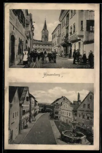 AK Hauzenberg, Strassenpartie mit Brunnen, Blick zur Kirche