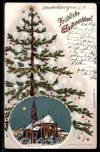 Winter-Lithographie Heidelberg, St. Peterskirche, Geschmückter Tannenbaum, Weihnachten