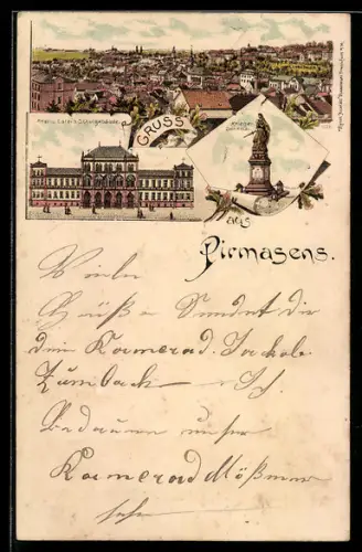Lithographie Pirmasens, Krieger-Denkmal, Real- u. Latein-Schule