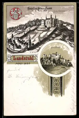 Lithographie Landstuhl, Burg Sickingen, Burg Nannstein, Wappen