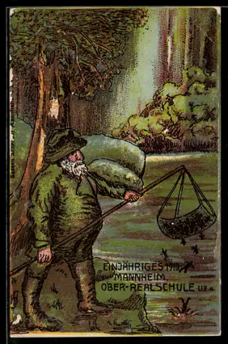 AK Mannheim, Einjähriges Ober-Realschule 1910, Mann fischt Figuren aus dem Wasser