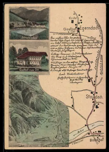 AK Egerndach, Gasthof zum ott, Schwimmbad, Karte der Umgebung