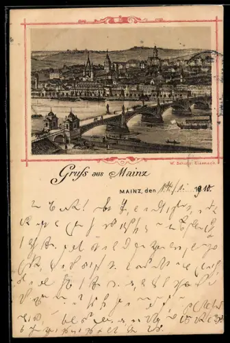 Lithographie Mainz, Brückenansicht mit Dampfer