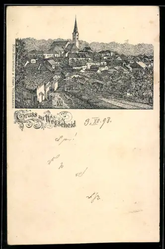 Lithographie Wegscheid, Ortsansicht mit Kirche