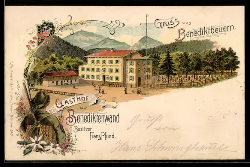 Lithographie Benediktbeuern, Gasthof zur Benediktenwand, Bes. Franz Pfund