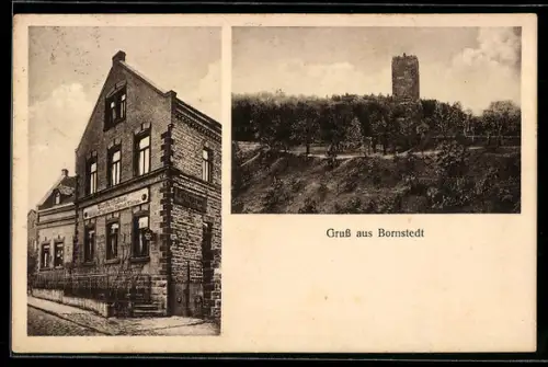 AK Bornstedt, Gasthof Hermann Ehrig, Inh. Walter Römer, Blick zur Ruine