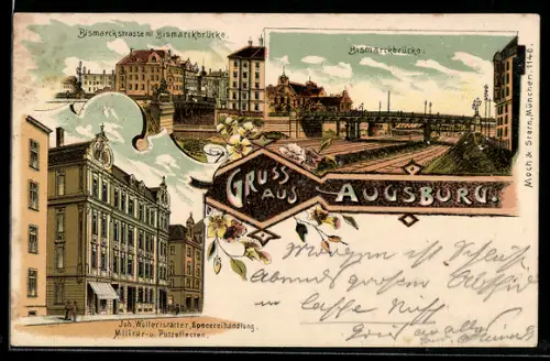 Lithographie Augsburg, Joh. Wolferstätter-Specereihandlung, Bismarckstrasse und die Bismarckbrücke