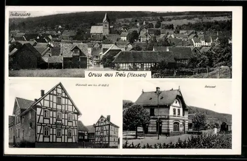 AK Treis /Hessen, Bahnhof, Gasthof von Hch. W. Will II., Ortsansicht mit Kirche