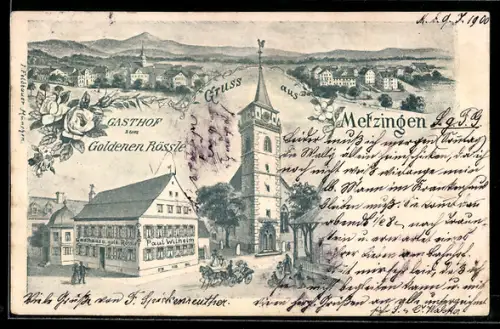 AK Metzingen, Gasthof zum Goldenen Rössle, Kirche und Ortsansicht