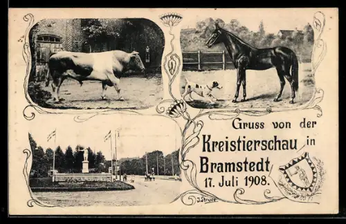 AK Bramstedt, Kreistierschau 1908, Ausstellungsgelände, Rind und Pferd