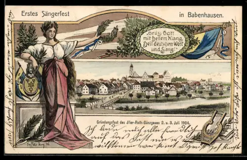 Lithographie Babenhausen, Erstes Sängerfest 1904, Ortsansicht, Fahne und Dame mit Lorbeerkranz