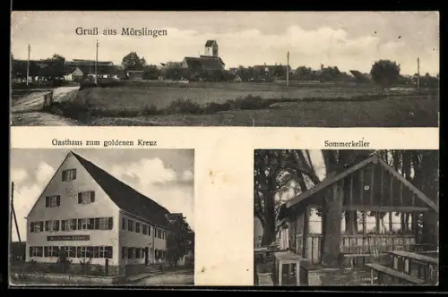 AK Mörslingen, Gasthaus zum goldenen Kreuz, Sommerkeller, Ortsansicht mit Kirche