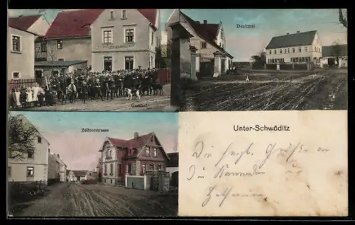 AK Unterschwöditz, Gasthof, Denkmal und Zeitzerstrasse