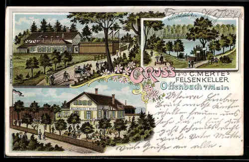 Lithographie Offenbach am Main, Buchrainweiher, Partie am Felsenkeller