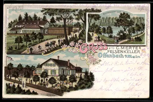 Lithographie Offenbach, Gasthaus Felsenkeller, Buchrainweiher