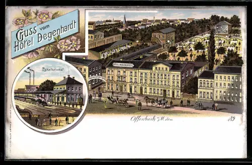 AK Offenbach a. M., Hotel Degenhardt, Bahnhof, Ortspartie aus der Vogelschau