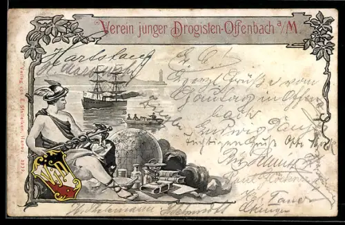 Lithographie Offenbach a. M., Verein junger Drogisten, Hafenpartie, Weltkugel, Mann mit Äskulap-Stab