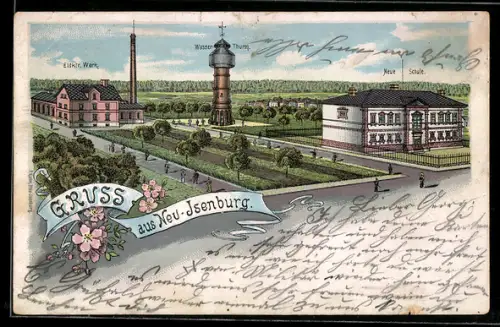 Lithographie Neu-Isenburg, Elektrizitätswerk, Wasserturm und neue Schule