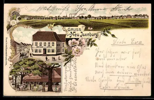 Lithographie Neu Isenburg, Totalansicht, Gasthaus zum Löwen