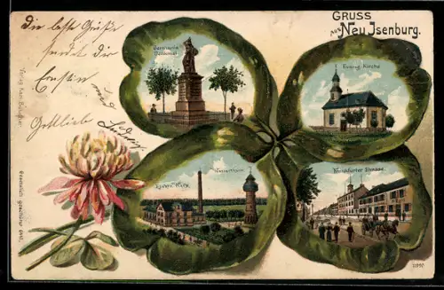 Passepartout-Lithographie Neu-Isenburg, Germania Denkmal, Frankfurter Strasse, Wasserturm u. Kirche im Kleeblatt