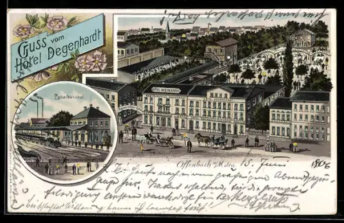 Lithographie Offenbach a. M., Hotel Degenhardt, Bahnhof und Ortsansicht aus der Vogelschau