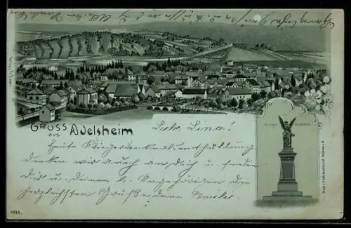 Mondschein-Lithographie Adelsheim, Kriegerdenkmal, Gesamtansicht
