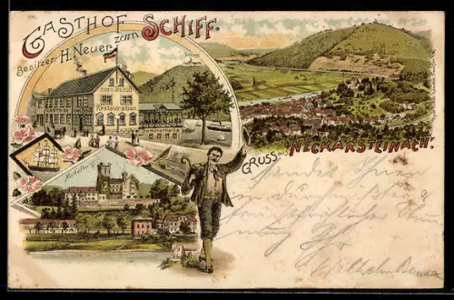 Lithographie Neckarsteinach, Gasthof zum Schiff, Bes. H. Neuer, Mittelburg und Totalansicht