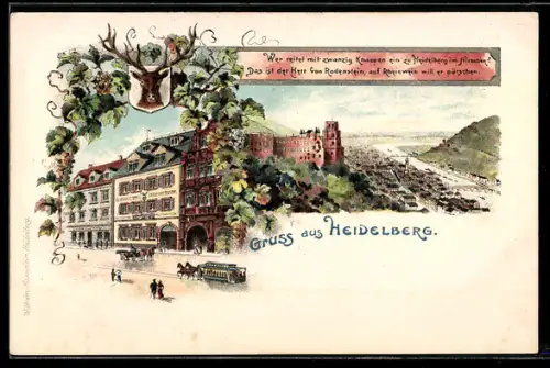 Lithographie Heidelberg, Gasthaus zum Hirschen, Ortsansicht mit Schloss