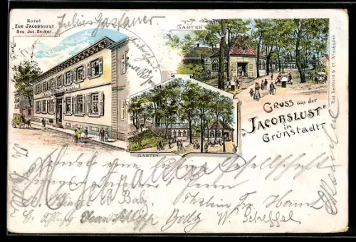Lithographie Grünstadt /Pfalz, Gasthof und Hotel Zur Jacobslust, Bes. Jac. Becker