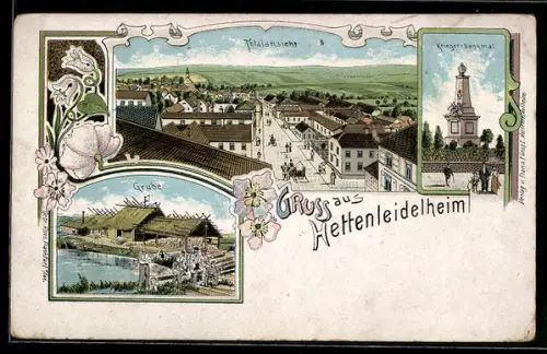 Lithographie Hettenleidelheim, Kriegerdenkmal, Grube und Totalansicht