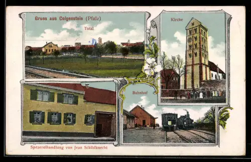 AK Colgenstein /Pfalz, Spezereihandlung von Jean Schildknecht, Kirche und Bahnhof
