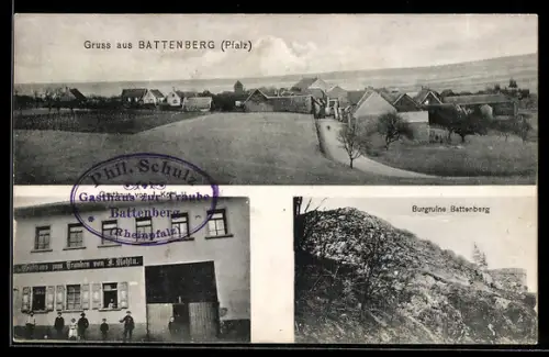 AK Battenberg /Pfalz, Gasthaus zur Traube, Inh. Phil. Schulz, Burgruine Battenberg, Ortsansicht
