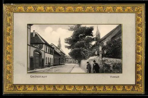 Präge-AK Grünstadt, Strassenpartie in der Vorstadt, Akanthus-Rahmen