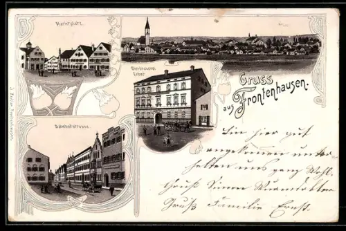 Lithographie Frontenhausen, Bierbrauerei Erber, Bahnhofstrasse, Marktplatz