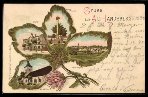 Passepartout-Lithographie Alt-Landsberg, Kriegerdenkmal, Stadtkirche, Schulhaus u. Totalansicht im Kleeblatt