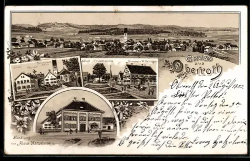Lithographie Oberroth / Illertissen, Handlung von Alois Katzelmann, Brauerei v. W. Reitinger, Schule, Pfarrhaus u.a.