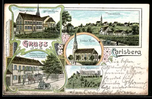 Lithographie Carlsberg, Gasthaus zum Paradies und kgl. Postagentur v. Franz Burkhardt, Kirche, Burg u. Schulhaus