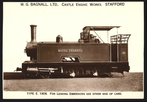 Fotografie britische Eisenbahn, Dampflok Santa Thereza Type E 1906, W.G. LTD Castle Engine Works Stafford