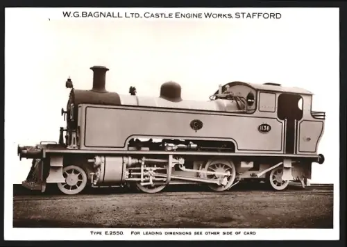 Fotografie britische Eisenbahn, Dampflok No. 1138 Type E 2550, W.G. LTD Castle Engine Works Stafford