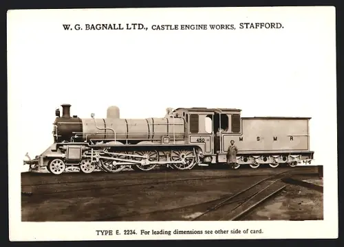 Fotografie britische Eisenbahn, Tender-Dampflok MSMR No. 450 Type E 2234, W.G. LTD Castle Engine Works Stafford