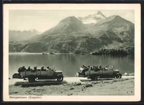 AK Maloja, Alpenposten Bus auf Passstrasse Malojastrasse in den Schweizer Alpen