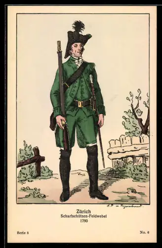 Künstler-AK Zürich, Scharfschützen-Feldwebel 1790
