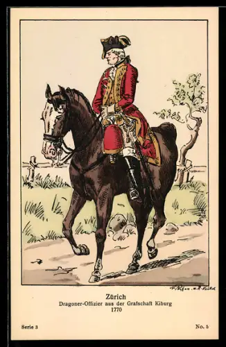Künstler-AK Zürich, Dragoner-Offizier aus der Grafschaft Kiburg 1770
