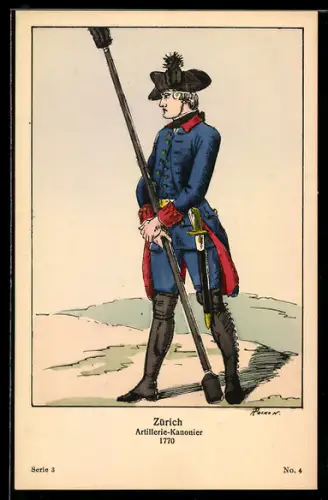 Künstler-AK Zürich, Artillerie-Kanonier 1770