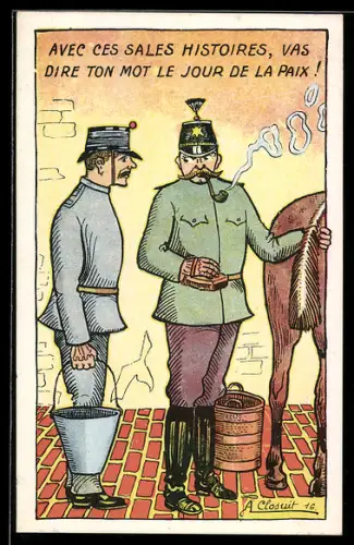 AK Schweizer Soldat striegelt sein Pferd