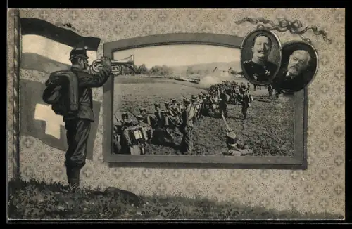 AK Schweiz, Besuch vom Kaiser Wilhelm II., Manöver 1912, Schweizer Soldat mit Trompete, Passepartout
