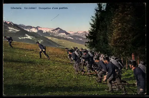 AK Grenzbesetzung 1914, Infanterie vorrücken!, schweizer Armee im Feld