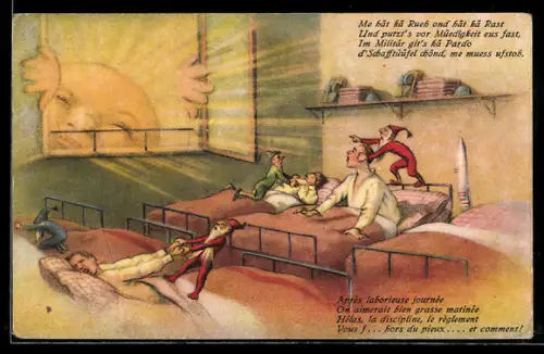 AK Schweizer Soldaten werden von Zwergen geweckt