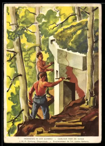 Künstler-AK Grenzbesetzung 1939 /40, Irgendwo in der Schweiz, LMG-Stellung, Gegenwerk