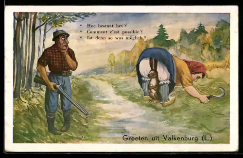 AK Valkenburg /L., Hase hat sich vor dem Hinterteil einer Sennerin vor dem Jäger in Sicherheit gebracht